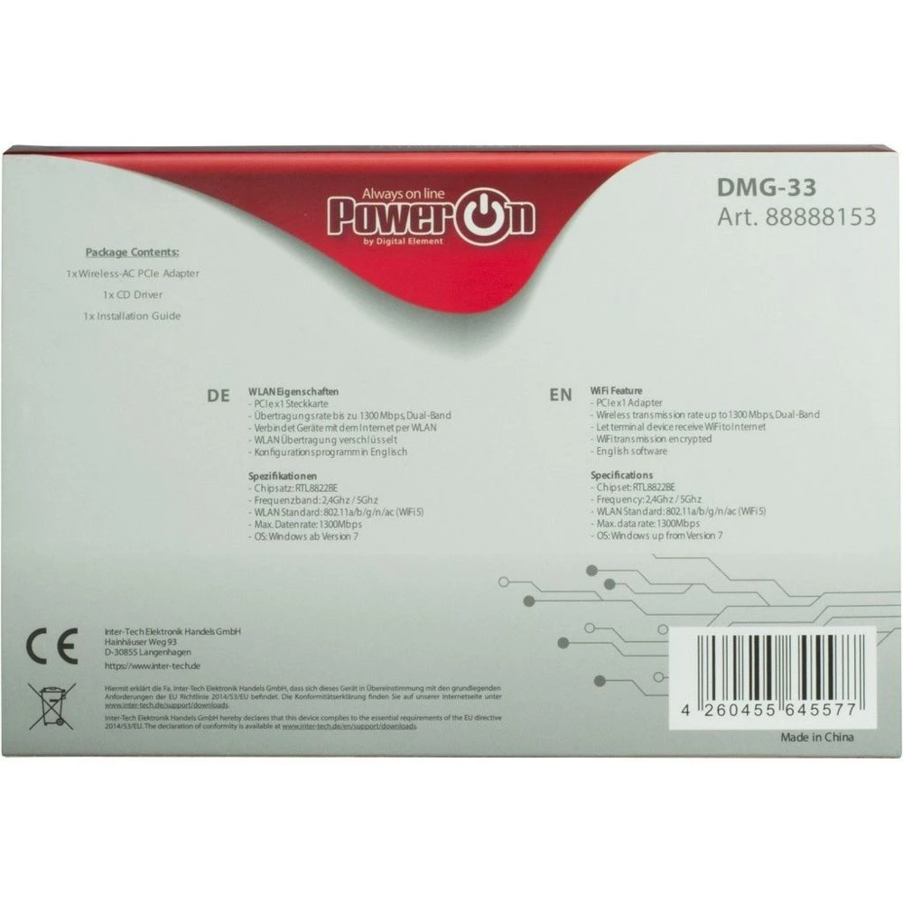 Inter-Tech DMG-33 | Wi-Fi 5 PCIe Adapter | Dual-band (2,4 GHz / 5 GHz) | 1300 Mbps | PCIe x1 - Afbeelding 4