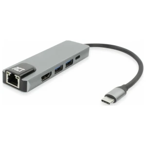 ACT AC7091 | USB-C 4K Docking Station | HDMI 2.0 (4K@60 Hz) + Gigabit Ethernet + 2× USB-A + USB-C PD Pass-Through | Aluminium | Grijs/Zilver