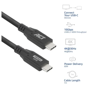 ACT | USB 3.0 Kabel | 10Gbps | 60W | USB-C naar USB-C | 1m | Zwart