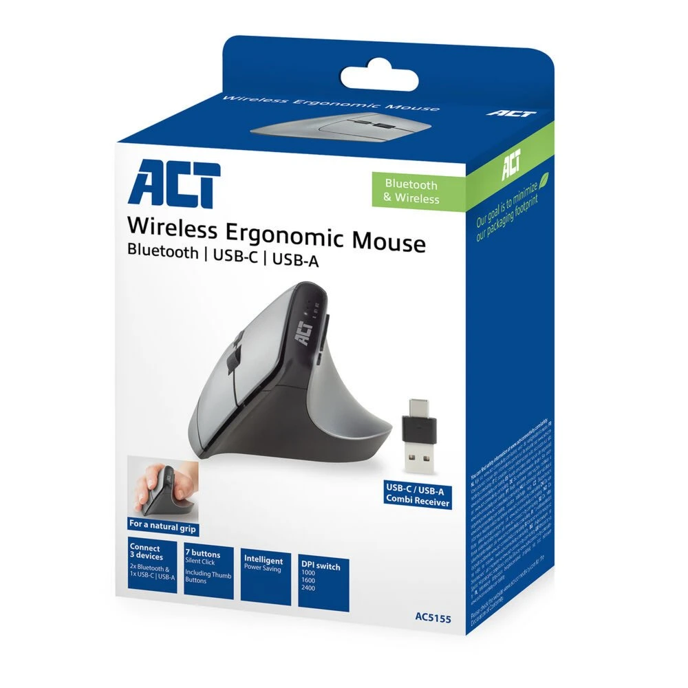ACT AC5155 | Ergonomische Draadloze Muis | RF-Draadloos + Bluetooth | USB-A en USB-C Receiver | 2400 DPI | Zilver/Zwart - Afbeelding 3