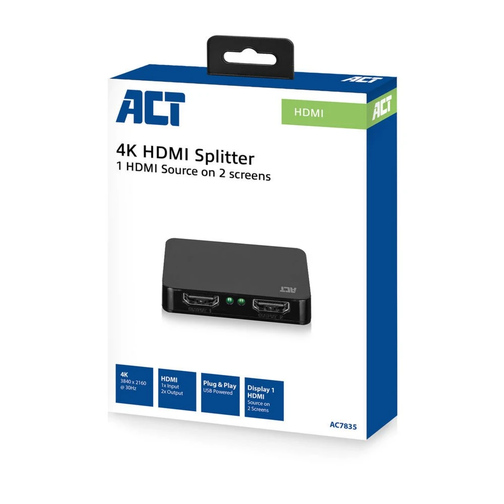 ACT AC7835 | 1x2 HDMI 1.4 Splitter | 4K @30Hz | HDCP 1.4 | USB-gevoed - Afbeelding 3