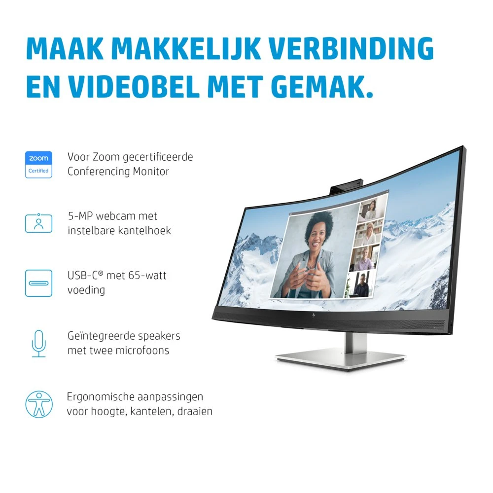 HP E34m G4 34" | 3440x1440 VA | 75Hz | Curved | USB-C | Webcam, Microphone & Speakers | Conferencing Monitor | Ergonomic Design - Afbeelding 12