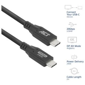 ACT | USB4 Kabel | 20Gbps | 240W | USB-C naar USB-C | 2m | Zwart